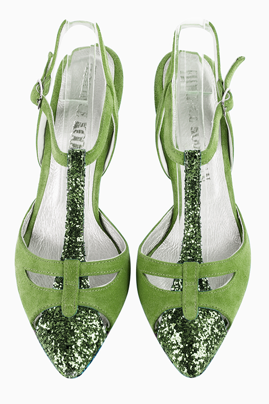 Mint green women's open back T-strap shoes. Tapered toe. High slim heel. Top view - Florence KOOIJMAN
